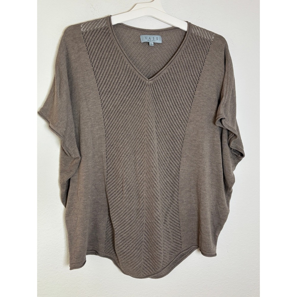 Joan Vass Taupe Brown Chevron Pointelle V-Neck Dolman Knit Sweater Top XL